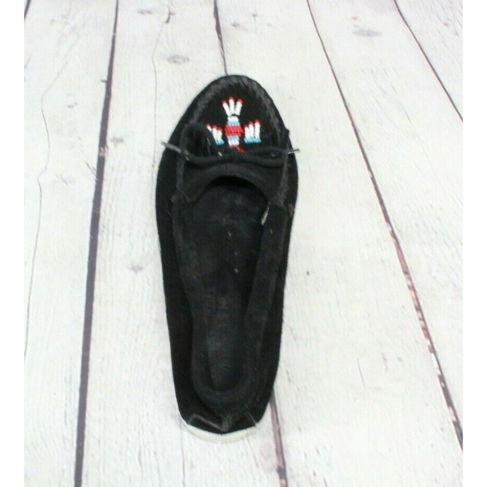 Minnetonka Black Suede Beaded Moccasins Slip On Flat Shoes Size 8 - Picture 6 of 9